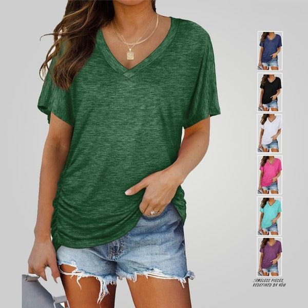 🔥🔥Womens Short Sleeve V Neck Dolman Tops with Side Shirring Loose Fit Shirts