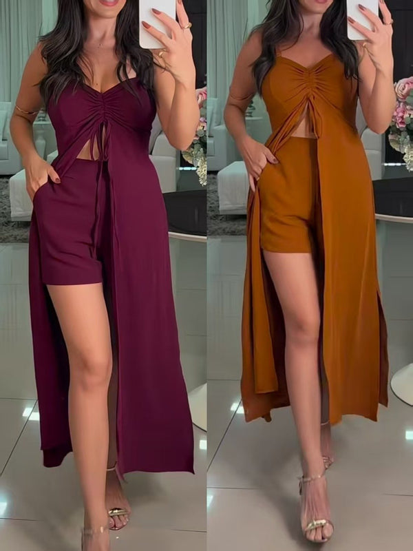 V-Neck Sleeveless Camisole with Slit Long Dress & Shorts 2-Piece Set