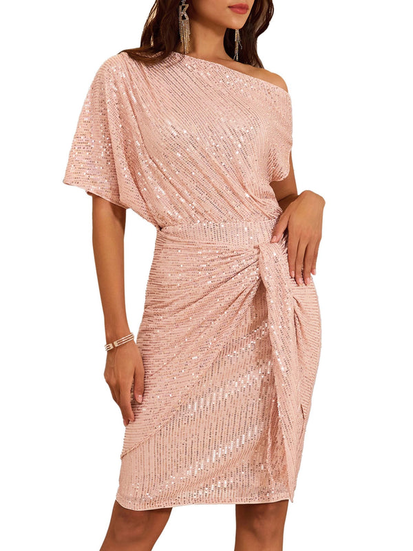 ⏰Venta caliente: vestido ajustado fruncido con un hombro y lentejuelas brillantes para mujer (compre 2 con envío gratis)