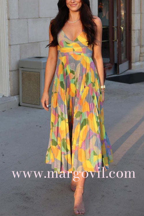Modernsn V Neck Printed High Waist Pleated Midi Cami Dress